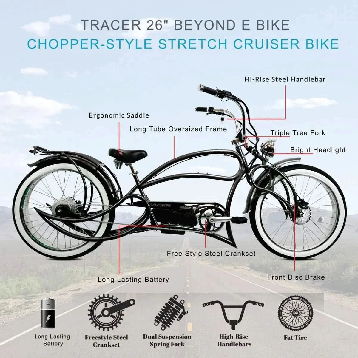 Tracer Beyond Pro 26'' Classic Stretch Chopper EBike Top Speed 25mph